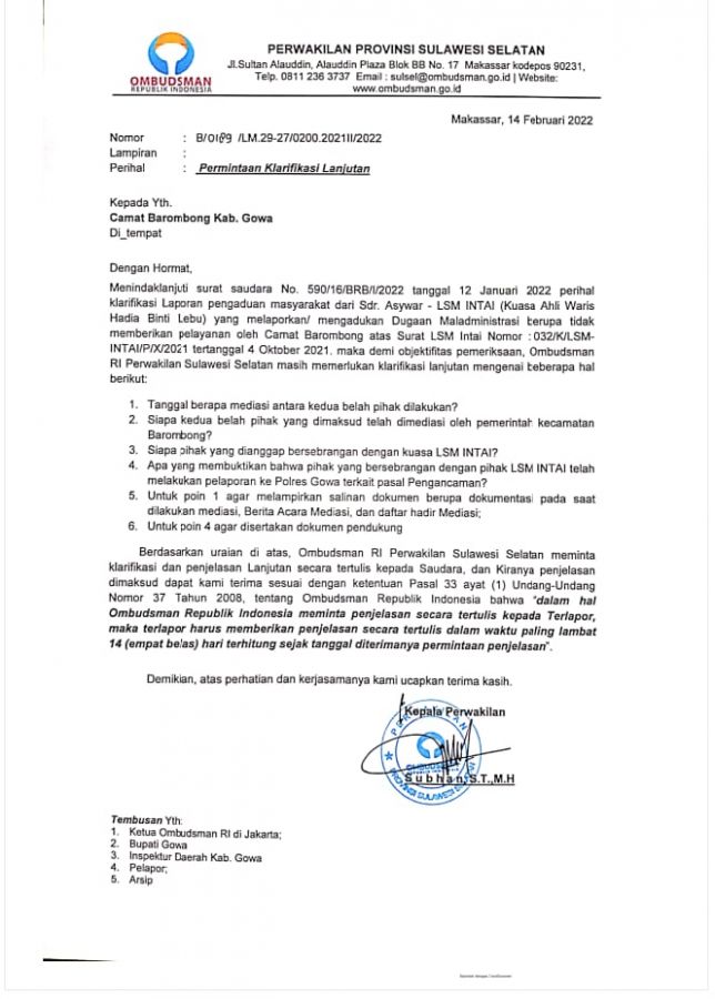 Diduga Tidak Bisa Menjawab Klarifikasi Lanjutan, Camat Barombong Tidak Membalas Surat Dari Ombudsman